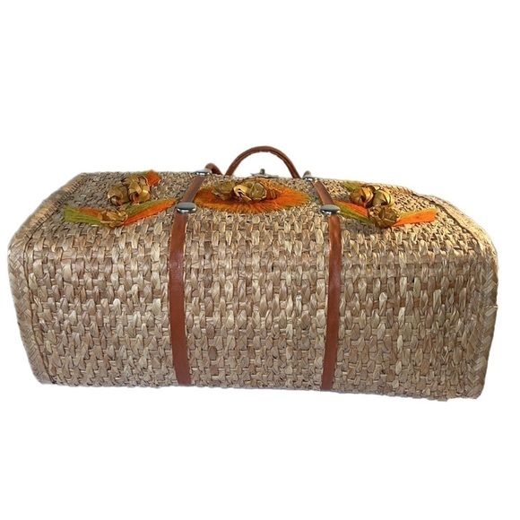 Ex Vintage 70s Boho Straw Handmade Taxco, Mexico Floral Embroidered Tote Handbag - Picture 4 of 14